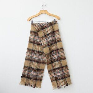 French Chic Mohair Scarf Tan Fringe Tartan Plaid GUILLAUME DE MONS Parisian